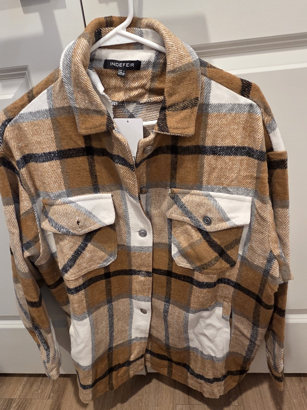 Indefeir Women's Tan Plaid Utility Shacket